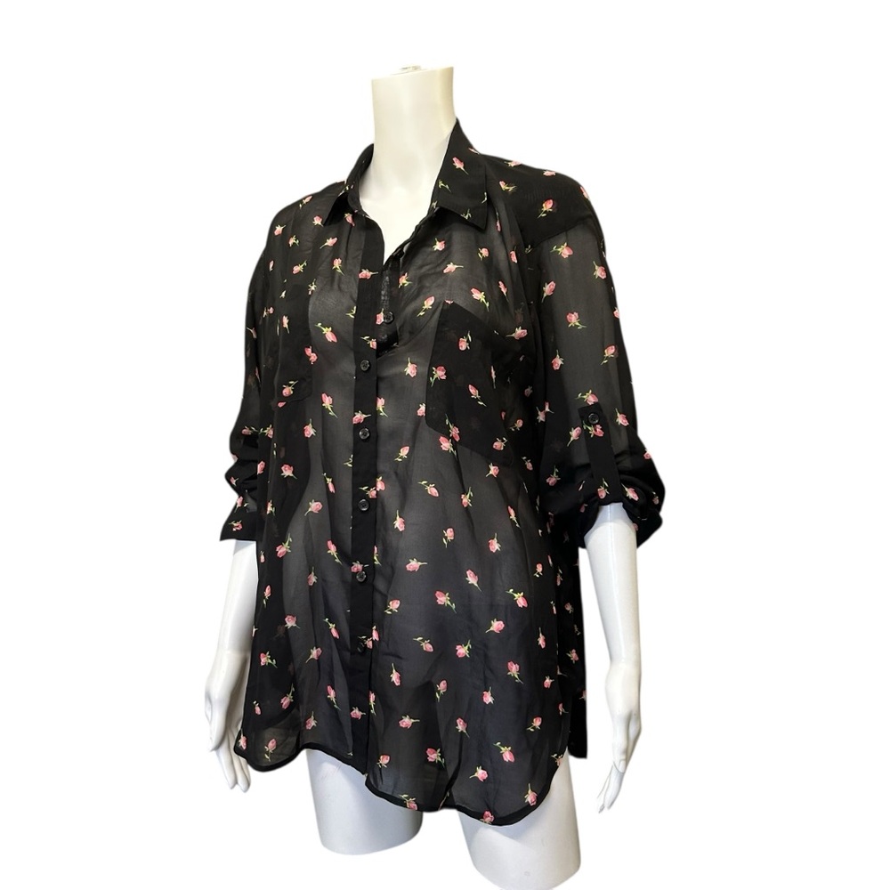 Victoria's Secret Black Pink Rose Bud Semi Sheer Blouse Size M - Picture 5 of 8
